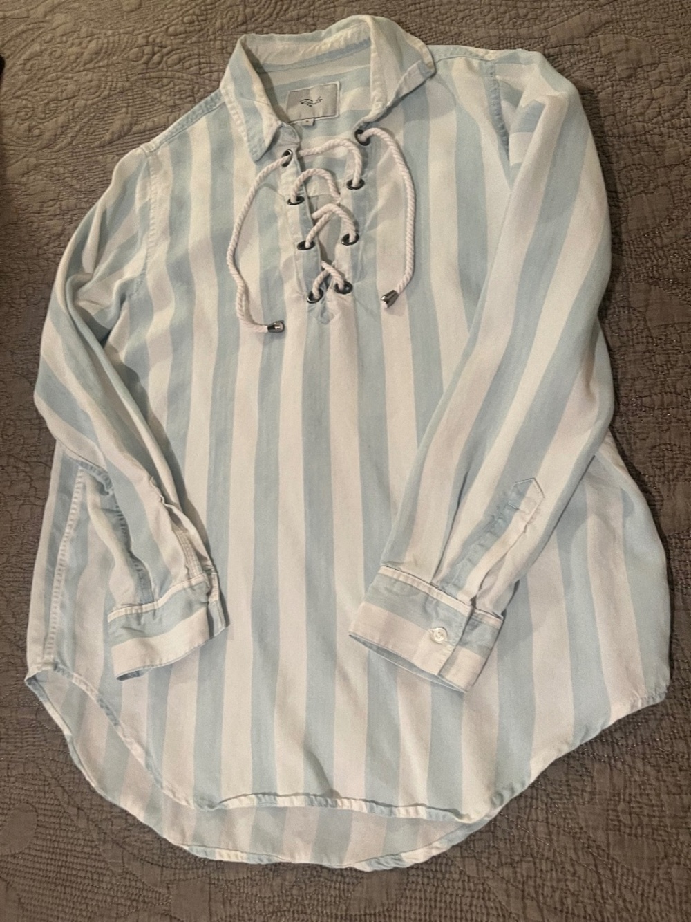 Rails S Uli Striped Lace Cup Lyocell Long Sleeved Pale Blue and White Cuff Shirt